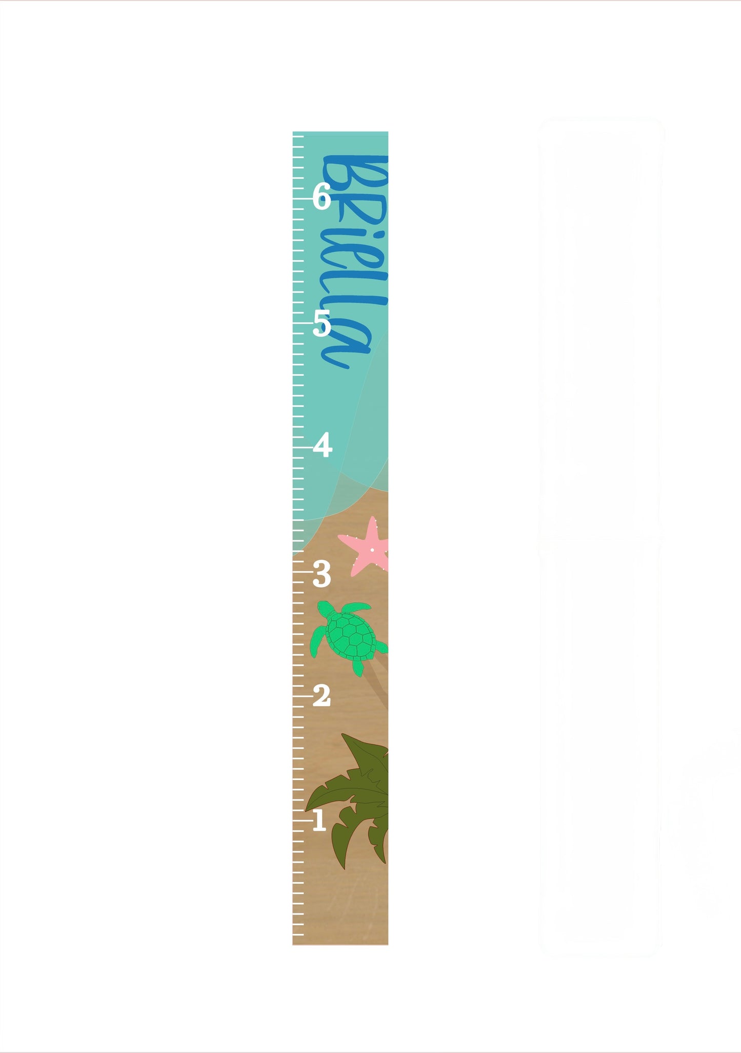 Personalized growth chart with beach theme and name 'Bella' on a white background