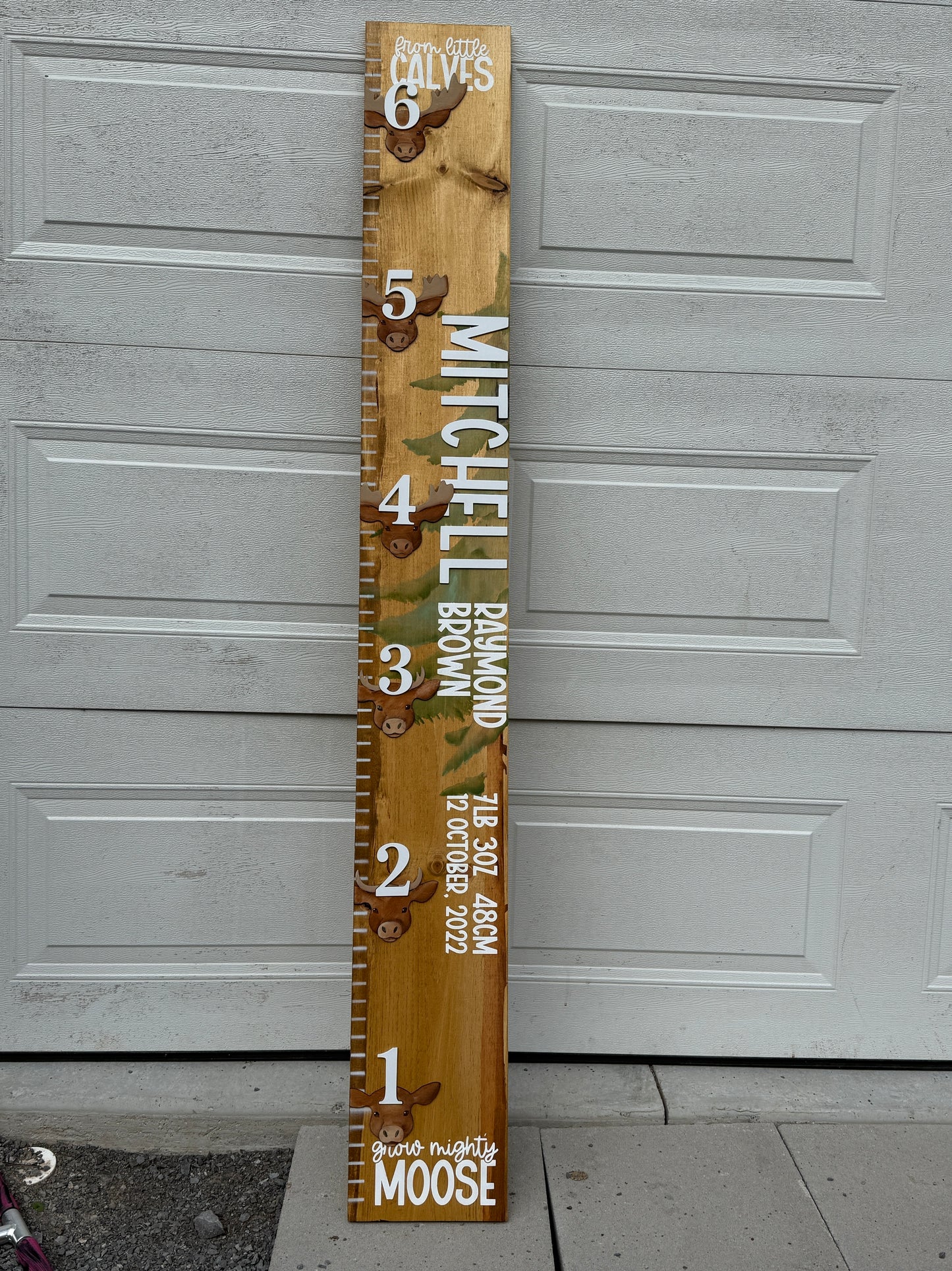 Wooden height chart with moose design against a white garage door background