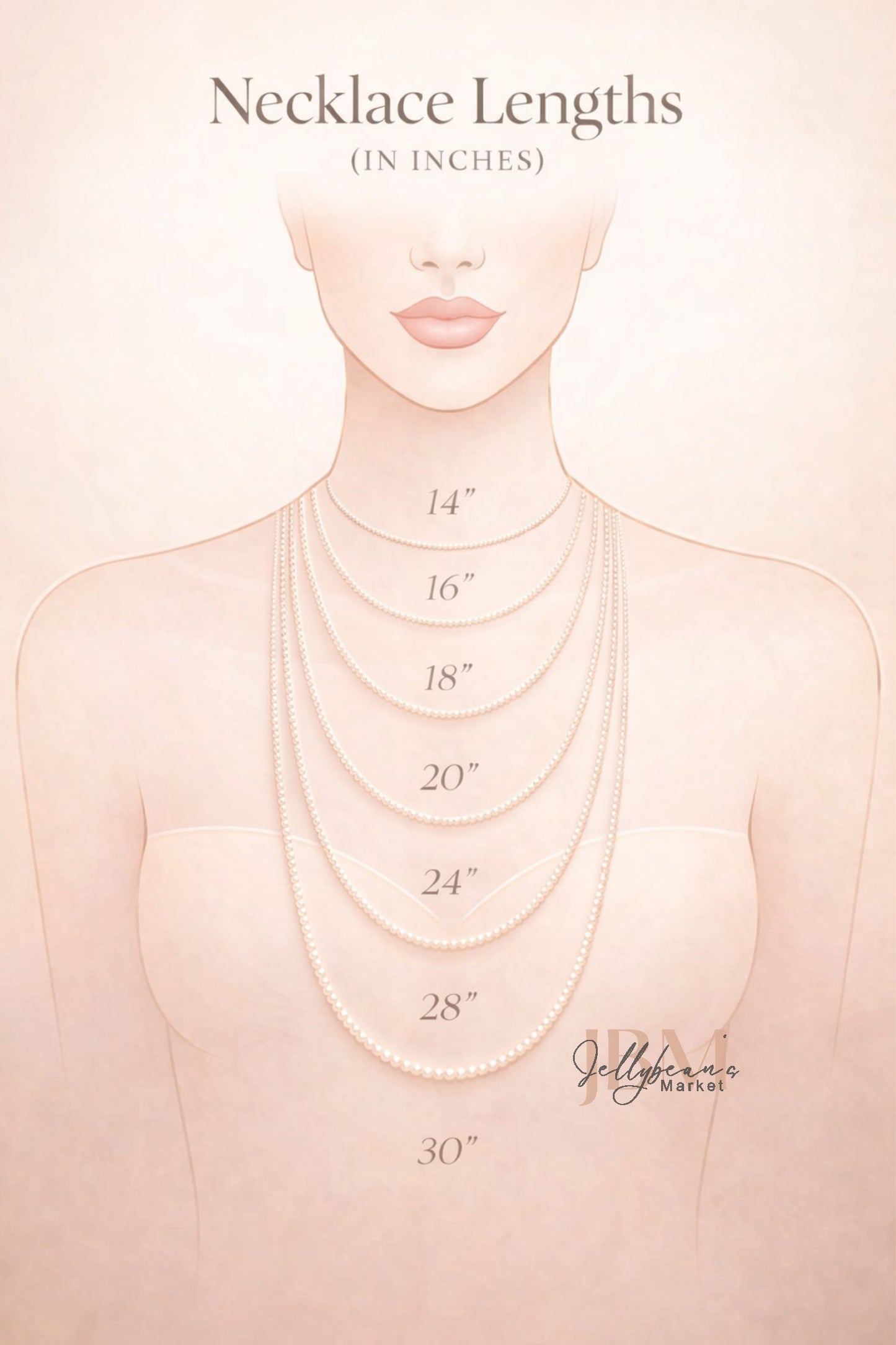 Necklace length chart with measurements on a soft pink background