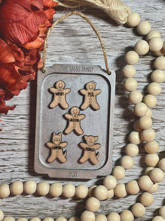 An ornament tray showcasing family members in gingerbread cookie form.