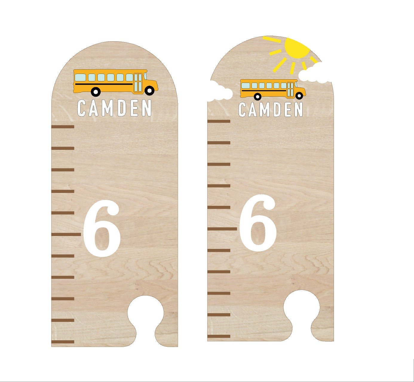 Two wooden growth charts with school bus design and 'Camden' text on a white background