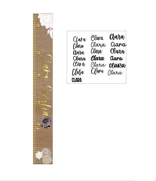 Growth chart with 'Clara' printed multiple times and decorative elements on a white background.