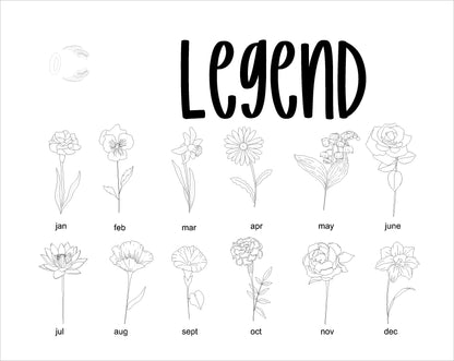 Legend January carnation, February violet, march daffodil, April daisy, may lily of the valley, June rose, July water lily, august, poppy, September morning glory, October marigold, November peony and December narcissus