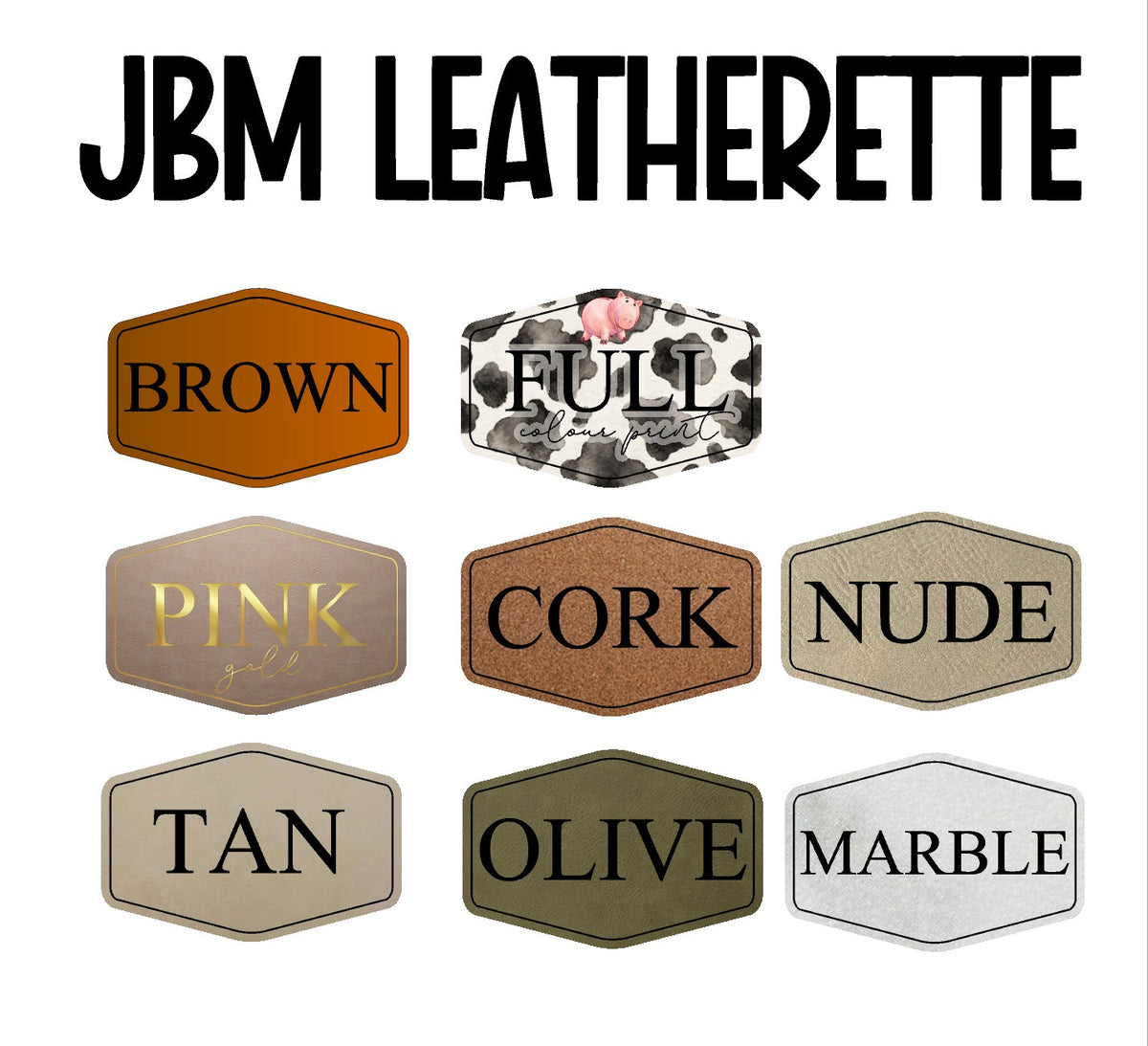 A product information graphic for JBM Leatherette showing nine material/color options arranged in a grid under the title 'JBM LEATHERETTE'. The options include Brown, Full Calf, Pink Gold, Cork, Nude, Tan, Olive, Marble, and a small dark patterned sample.