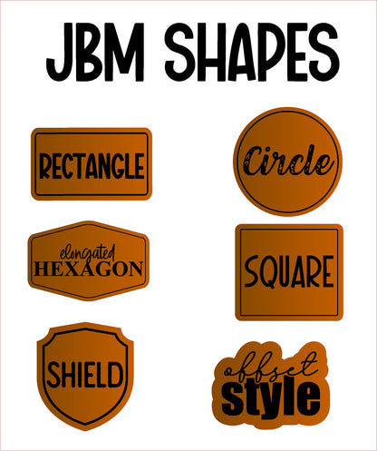A white graphic sheet titled 'JBM SHAPES' showing six brown patch options with black text: Rectangle, Circle, elongated hexagon, square, shield, and offset style.
